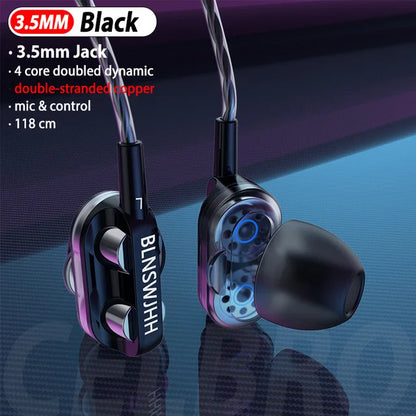 Dual Drivers Wired Earphone Four Core Dynamic HIFI Earphone Super Base Line Control With Mic Speaker Headsets for Huawei Xiaomi