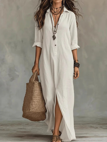 2026 European American Spring/Summer Women's Halter Neck Maxi Solid Color Collar Front Split Casual Breathable Eco-Friendly
