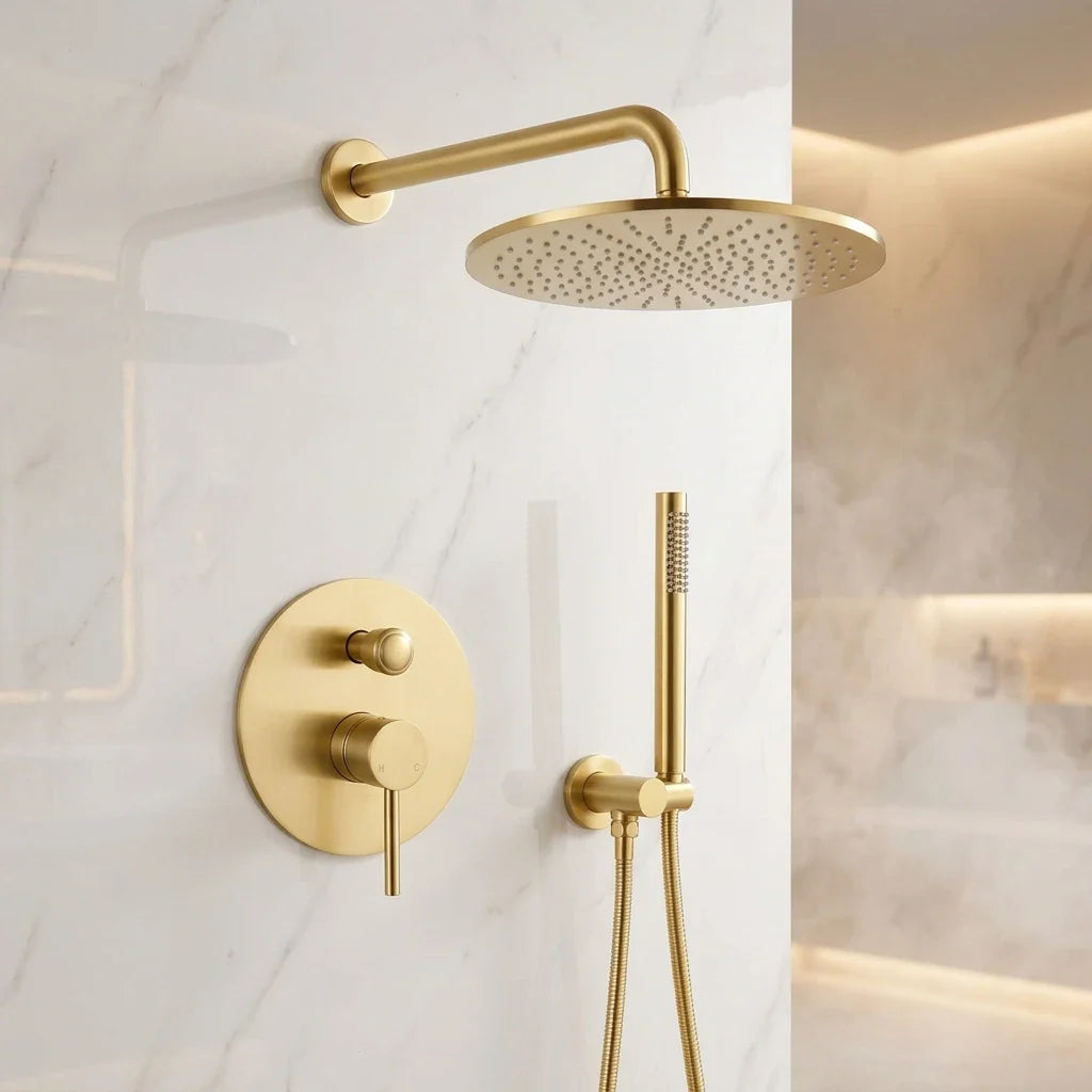16inch Round Bathroom Luxury Rain Mixer Combo Set Wall Mounted Rainfall Shower Head System Brushed Gold Shower