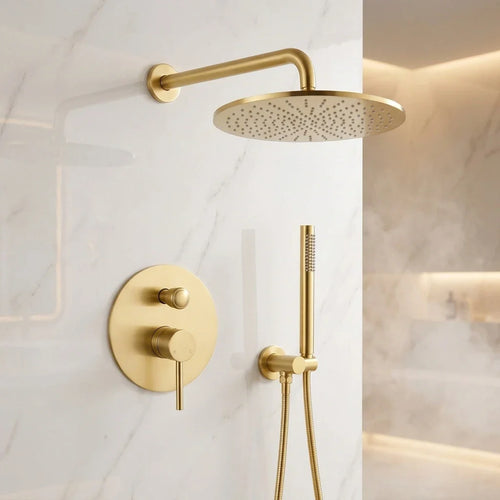 16inch Round Bathroom Luxury Rain Mixer Combo Set Wall Mounted Rainfall Shower Head System Brushed Gold Shower