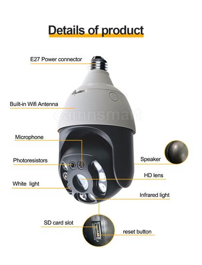 5MP Security IP Camera Onvif NVR E27 Light Bulb PTZ Video Surveillance Protection 256G System Smart Home Auto Tracking AI Human