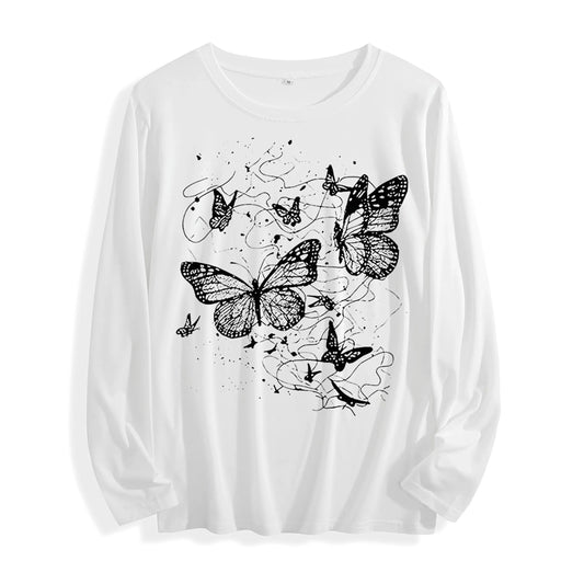 100% Cotton "Black Butterfly Graphic" Long - Sleeve T - Shirt, Multi - Colors