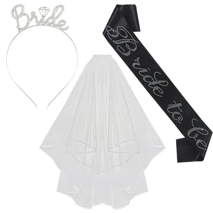 3-piece Set Bride to Be Crown Headband Shoulder Strap Wedding Veil Set for Bridal Shower WB007