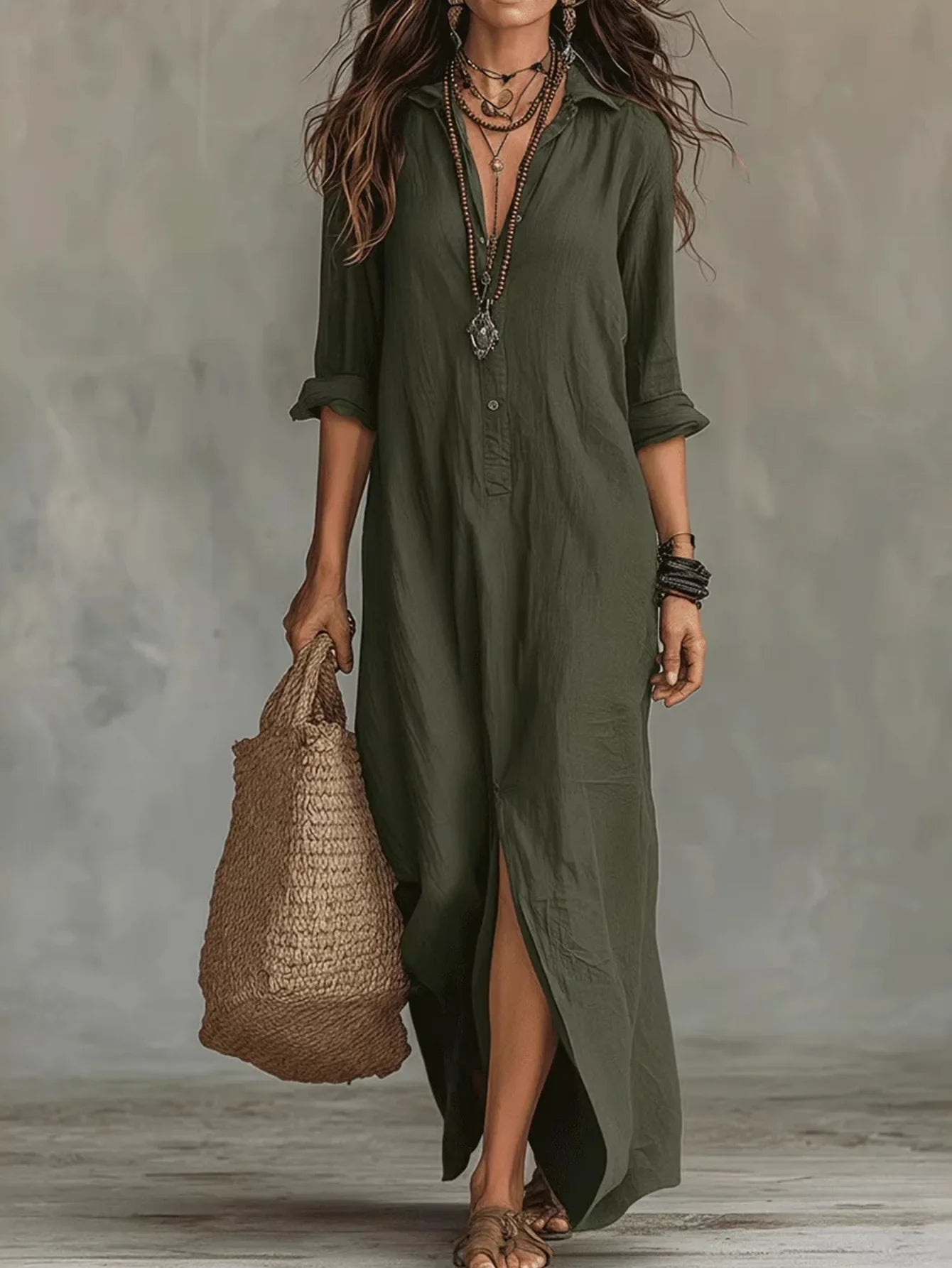 2026 European American Spring/Summer Women's Halter Neck Maxi Solid Color Collar Front Split Casual Breathable Eco-Friendly