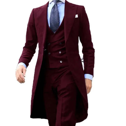 2024 New Arrival l Long Coat Designs Chinese Red Men Suit Gentle Men Tuxedo Prom Blazer Custom 3 Pieces (Jacket+vest+Pants)