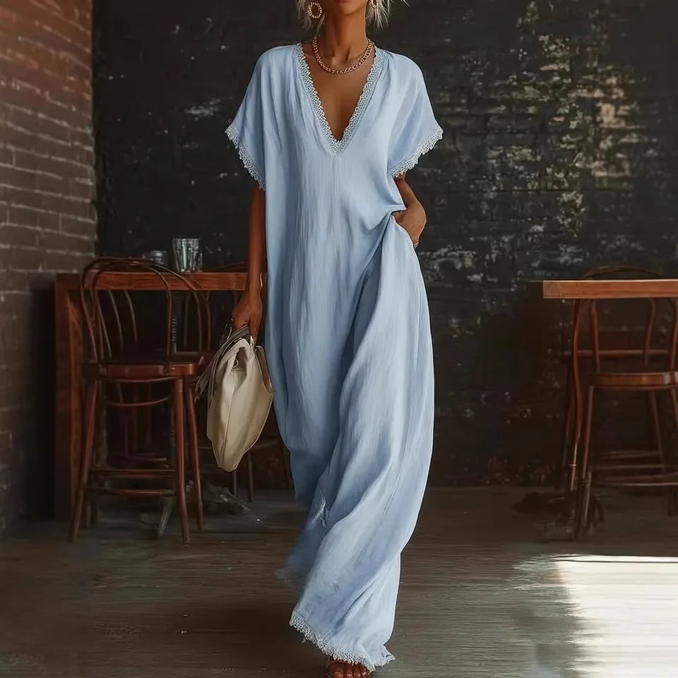 Casual Maxi Dress Women Polyester V Neck Short Sleeve with Ruffle Trim Vacation Daily Wear Flowy Fast Delivery