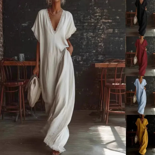 Casual Maxi Dress Women Polyester V Neck Short Sleeve with Ruffle Trim Vacation Daily Wear Flowy Fast Delivery