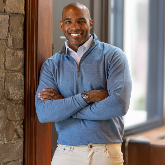 Heather Cloud Cotton Quarter Zip Medium Blue with Grey Trim