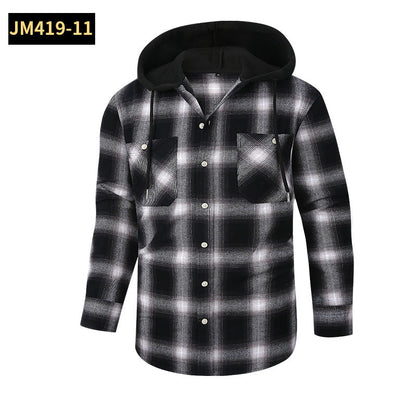 2026 Spring New Amazon Hot-Selling Loose Casual Flannel Long-Sleeve Hooded Plaid Shirt for Men with a High-End Feel