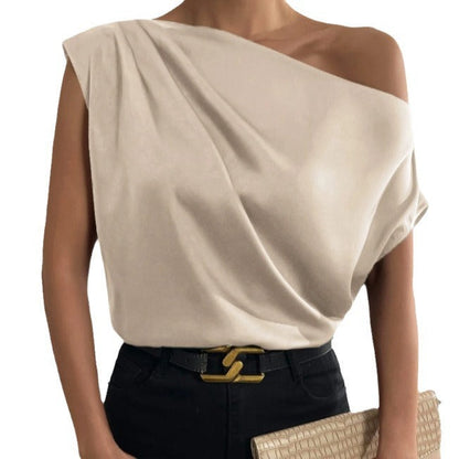 2026 Spring Solid Color Satin Imitation Silk Irregular Off-Shoulder One-Neck Pullover Sleeveless Shirt for Women European and American Fashion