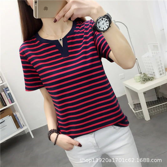 chubby girl Striped Short-sleeved T-shirt Women's Extras Large Size Loose Slimming Half-sleeved T-shirt Cotton Casual V-neck Top