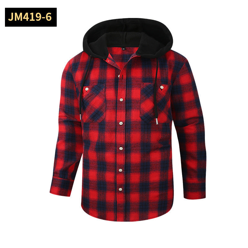 2026 Spring New Amazon Hot-Selling Loose Casual Flannel Long-Sleeve Hooded Plaid Shirt for Men with a High-End Feel
