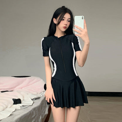 2025 New Swimsuit Women's Summer One-Piece Skirt Covering Belly, Slimming, Conservative Long-Sleeved Student Sports Swimwear Super Fairy