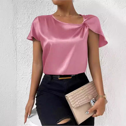 2026 European and American Foreign Trade Cross-Border Supply Summer Satin Short-Sleeve Top with Satin Twist, Solid Color, Loose Fit, Versatile Women's Top
