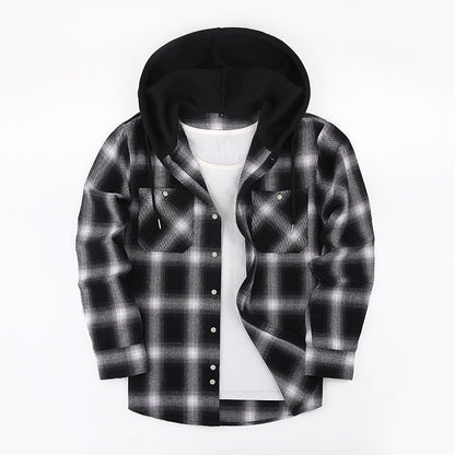 2026 Spring New Amazon Hot-Selling Loose Casual Flannel Long-Sleeve Hooded Plaid Shirt for Men with a High-End Feel