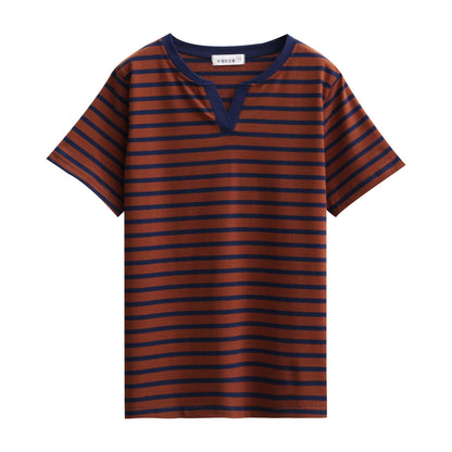 chubby girl Striped Short-sleeved T-shirt Women's Extras Large Size Loose Slimming Half-sleeved T-shirt Cotton Casual V-neck Top