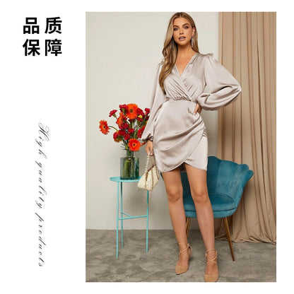 Cross V Neck Dress Satin Long-Sleeved Dress Amazon Cross-Border Lady Style Slim Fit Women's Clothing