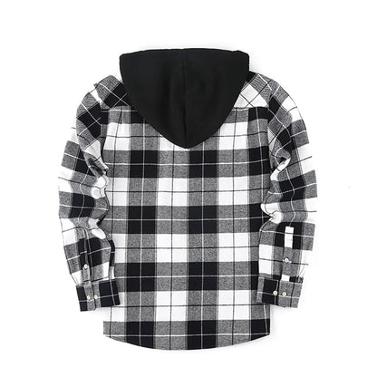 2026 Spring New Amazon Hot-Selling Loose Casual Flannel Long-Sleeve Hooded Plaid Shirt for Men with a High-End Feel