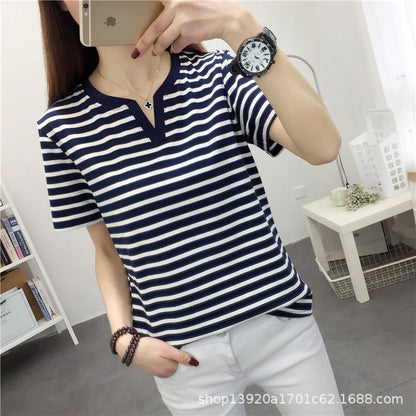 chubby girl Striped Short-sleeved T-shirt Women's Extras Large Size Loose Slimming Half-sleeved T-shirt Cotton Casual V-neck Top