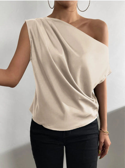 2026 Spring Solid Color Satin Imitation Silk Irregular Off-Shoulder One-Neck Pullover Sleeveless Shirt for Women European and American Fashion