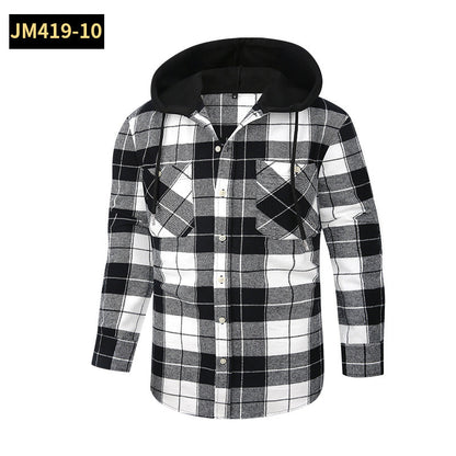 2026 Spring New Amazon Hot-Selling Loose Casual Flannel Long-Sleeve Hooded Plaid Shirt for Men with a High-End Feel