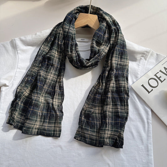 100% Pure Cotton Artistic Plaid Scarf Four Seasons Japanese Style All-match Neck Protector Long Thin Scarf Women's Summer Scarf