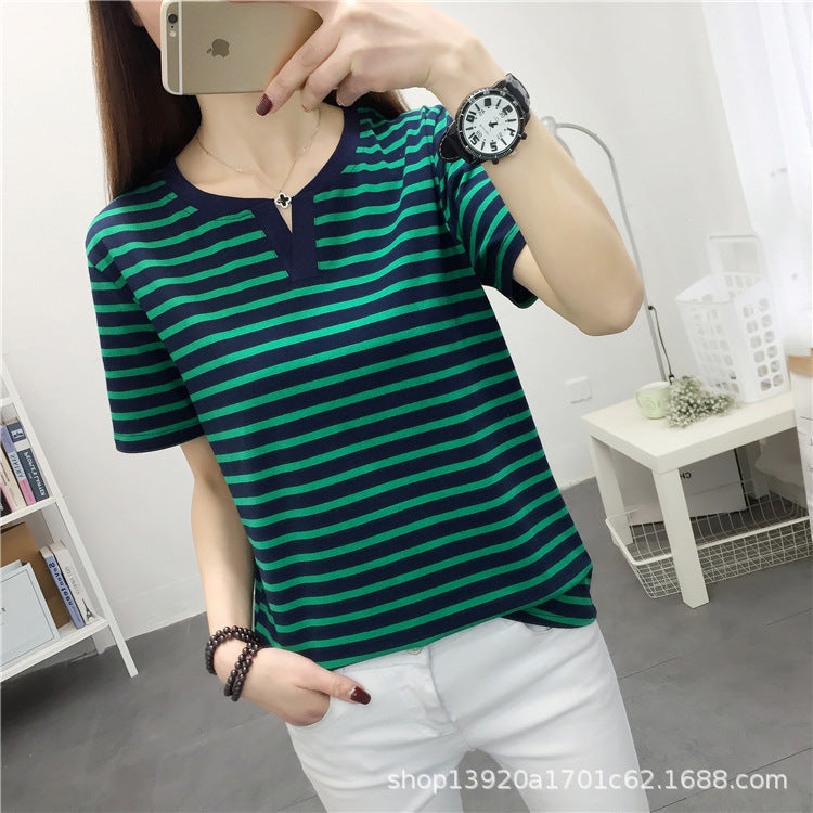chubby girl Striped Short-sleeved T-shirt Women's Extras Large Size Loose Slimming Half-sleeved T-shirt Cotton Casual V-neck Top