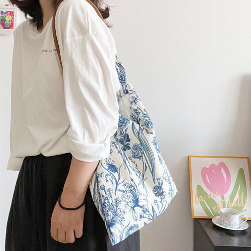 2024 New Niche Retro New Chinese-style Blue and White Porcelain Flower Bag Daily Casual Crossbody Bag Women's Thin Cloth Bag