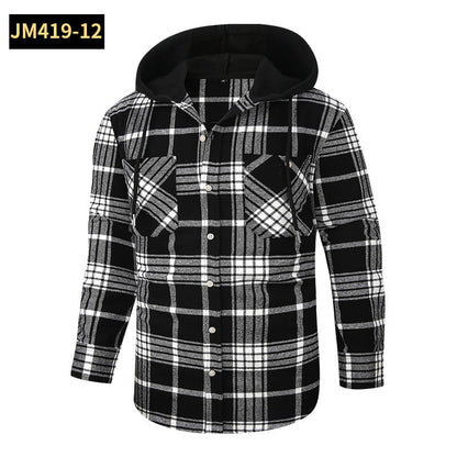 2026 Spring New Amazon Hot-Selling Loose Casual Flannel Long-Sleeve Hooded Plaid Shirt for Men with a High-End Feel