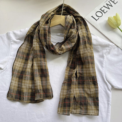 100% Pure Cotton Artistic Plaid Scarf Four Seasons Japanese Style All-match Neck Protector Long Thin Scarf Women's Summer Scarf