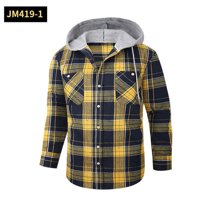 2026 Spring New Amazon Hot-Selling Loose Casual Flannel Long-Sleeve Hooded Plaid Shirt for Men with a High-End Feel
