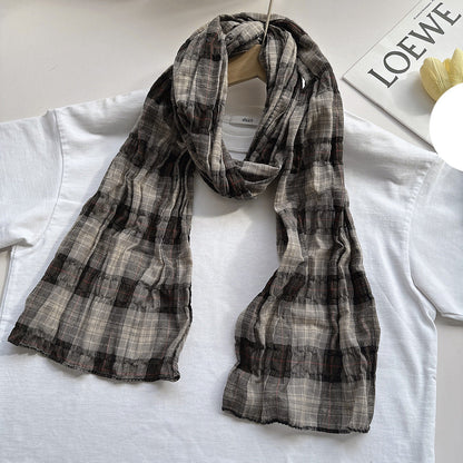 100% Pure Cotton Artistic Plaid Scarf Four Seasons Japanese Style All-match Neck Protector Long Thin Scarf Women's Summer Scarf