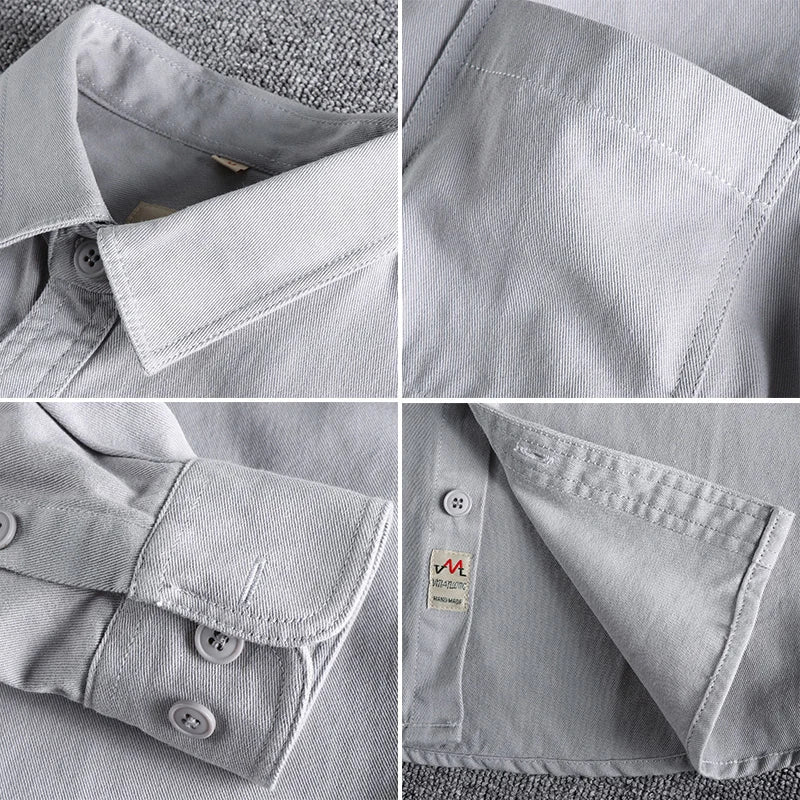 Coarse twill cotton wash-and-wear long-sleeved shirt man-n simple trend pocket spring and autumn casual shirt