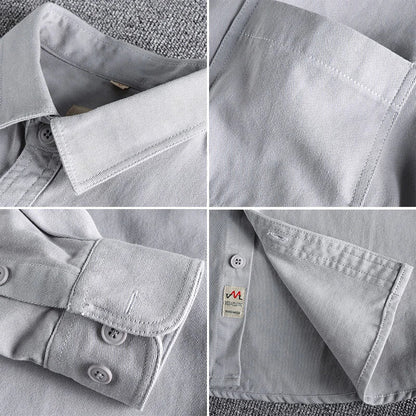 Coarse twill cotton wash-and-wear long-sleeved shirt man-n simple trend pocket spring and autumn casual shirt