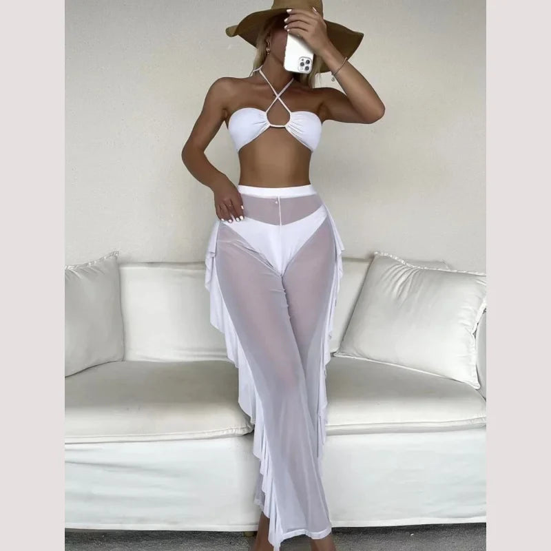 Bikini And Cover Up Set Plain Criss Cross Halter With Ruffle Pants Bandeau Swimsuit Women 2024 Black/White Swimwear Bathing Suit