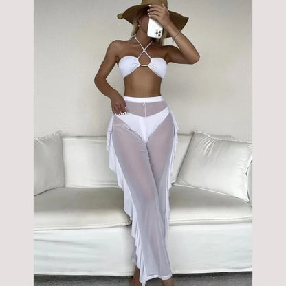 Bikini And Cover Up Set Plain Criss Cross Halter With Ruffle Pants Bandeau Swimsuit Women 2024 Black/White Swimwear Bathing Suit