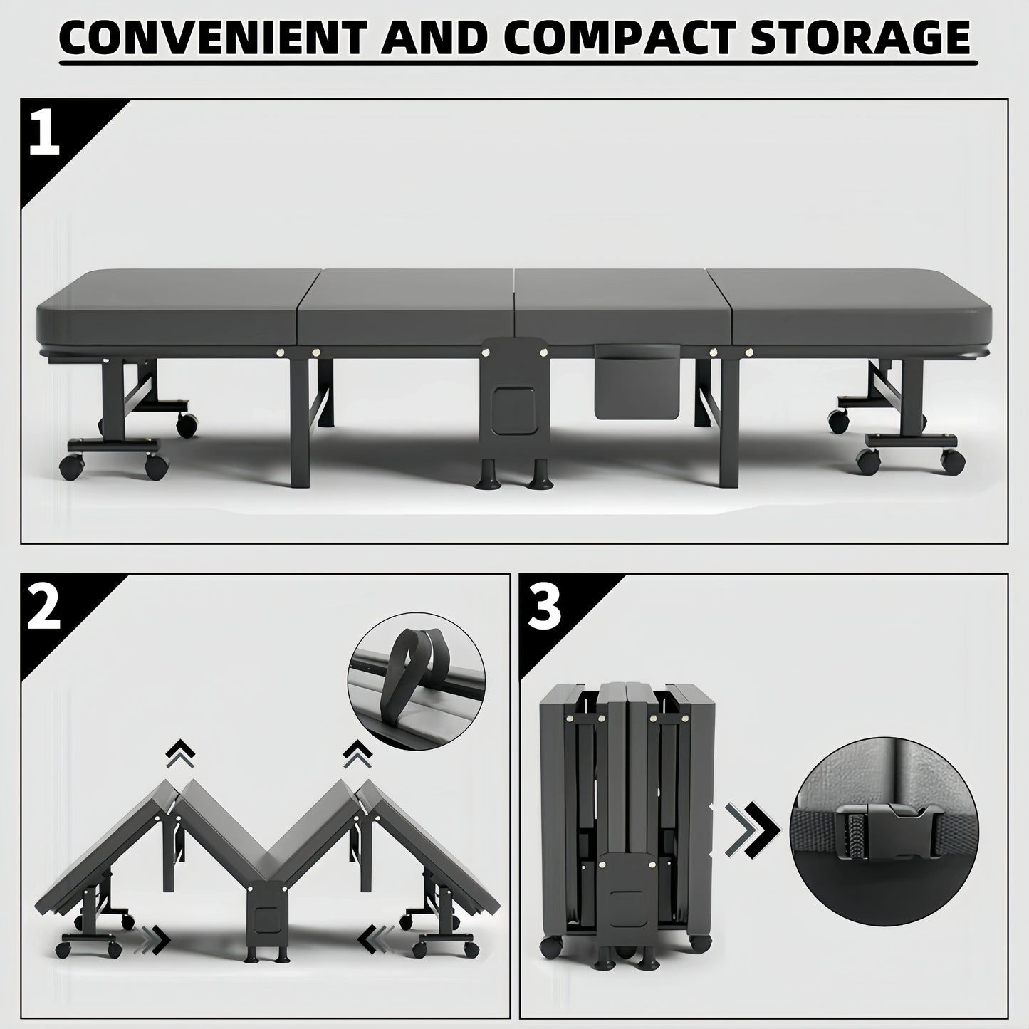 1 Dust Cover for a Folding Bed or 1 Folding Bed, Multifunctional Tech Fabric with High-Density Foam Mattress, Compact Storage Space, Single Bed, Folds into a Quarter, Easy to Assemble, with Wheels, Lightweight, Portable Iron