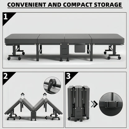 1 Dust Cover for a Folding Bed or 1 Folding Bed, Multifunctional Tech Fabric with High-Density Foam Mattress, Compact Storage Space, Single Bed, Folds into a Quarter, Easy to Assemble, with Wheels, Lightweight, Portable Iron