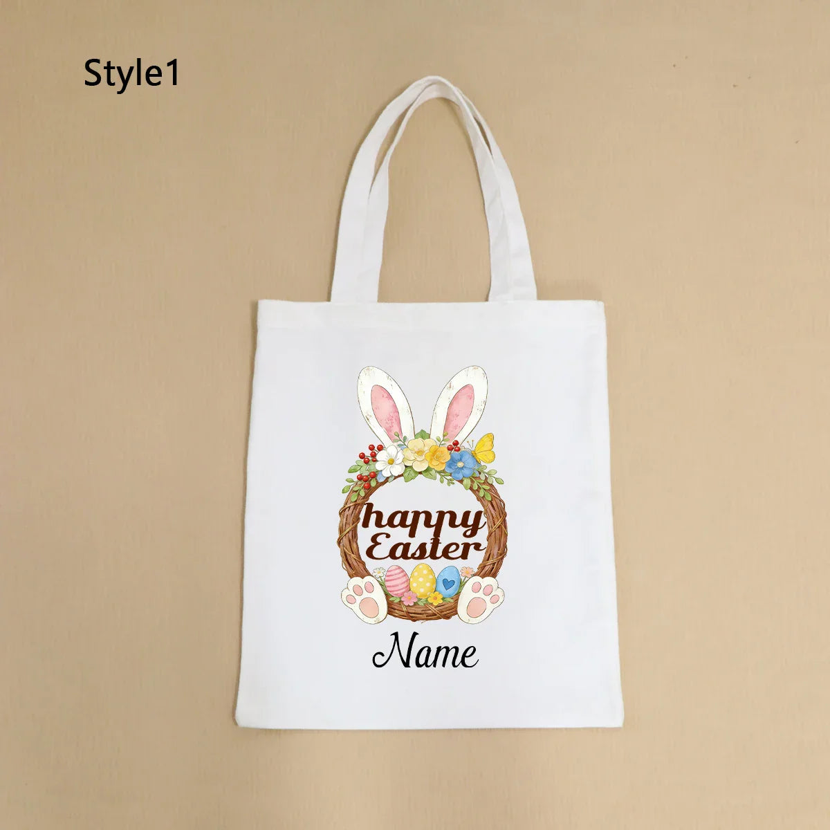Custom Easter Tote Bag With Bunny And Floral Design, Personalized Name Shoulder Handbag For Spring Celebrations,