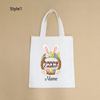 Custom Easter Tote Bag With Bunny And Floral Design, Personalized Name Shoulder Handbag For Spring Celebrations,