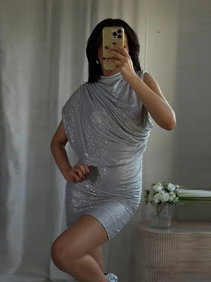Chic Sequin Solid Dress Women Sexy O-neck Sleeveless Pleated Waist-cinched Empire Dresses Elegant Party Spring Lady Gown 2026