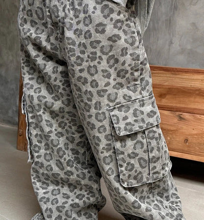 Boys Girls Spring Autumn Cargo Pants 2025 New Fashion Casual Daily Leopard Print Long Trousers for 2-11Y Kids