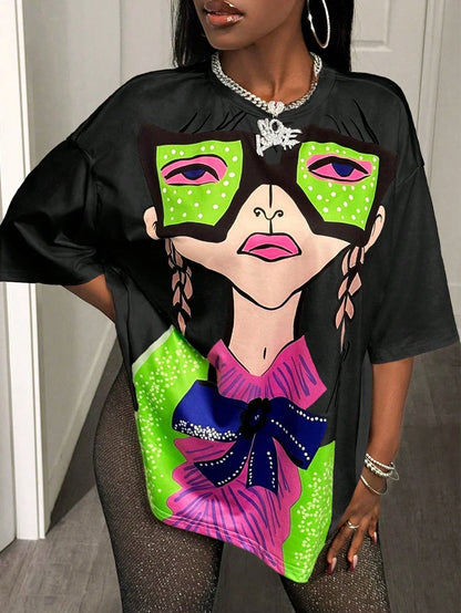 BamGleam Oversized T-shirt Loose Casual Hip-Hop Style Graphic Printed Women T-Shirt Summer Fashion Y2k Ladies Clothes Female Tee