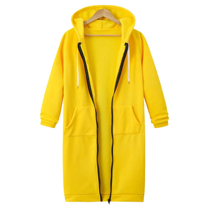 Autumn Winter Women's Hooded Long Sleeve Mid-Length Sweatshirt Fleece Jacket Comfortable Casual Style Polyester Fabric
