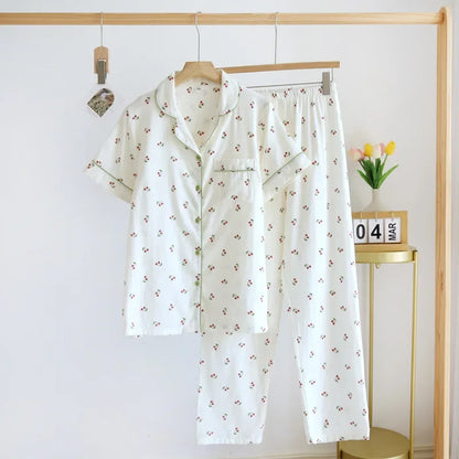 2026 Japanese new spring and summer short-sleeved trousers pajamas 2-piece set 100% cotton gauze flower cartoon home service set