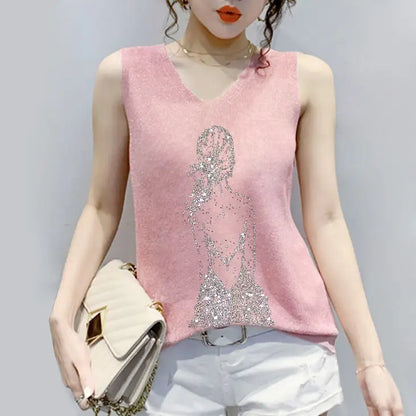 2025 Summer Hot Rhinestone Sleeveless Vest Women's Spring New Style V-neck Loose All-match Sling Knitted Top Girl T-shirt Green