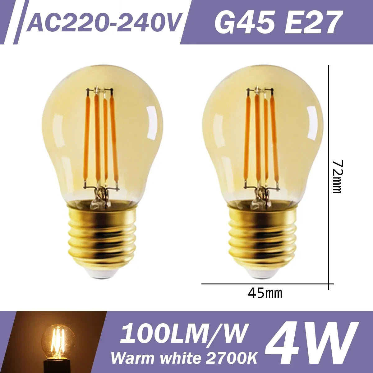 2PCS LED Filament Bulb E14 E27 C35 C35T ST64 G80 A60 220V 4W 9W Warm White Glass 360 Degree Edison Retro Candle Light Blubs
