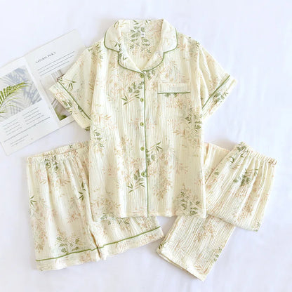 100% Gauze Cotton Summer Women Pajamas 3 Pieces Set  Female 2025 New Sleepwear Bedroom Set Short sleeved long pants + shorts