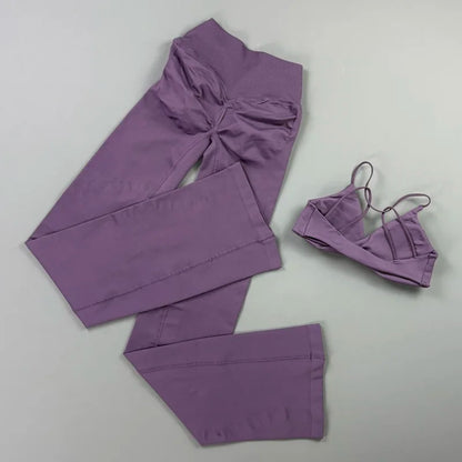 2Pcs Yoga Set Seamless Women Twist Front Sports Bra and Vision Flares Leggings Sets Scrunch Butt Cross Waist Gym Flare Pants Set