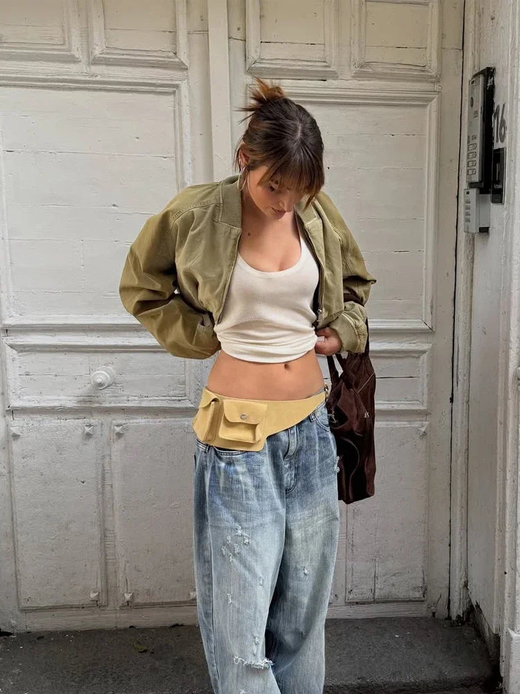 Chic Khaki Lapel Collar Zip Closure Jackets Pocket Detail Long Sleeve Cropped Bomber Streetwear Lady Casual Daily Y2k Outfit